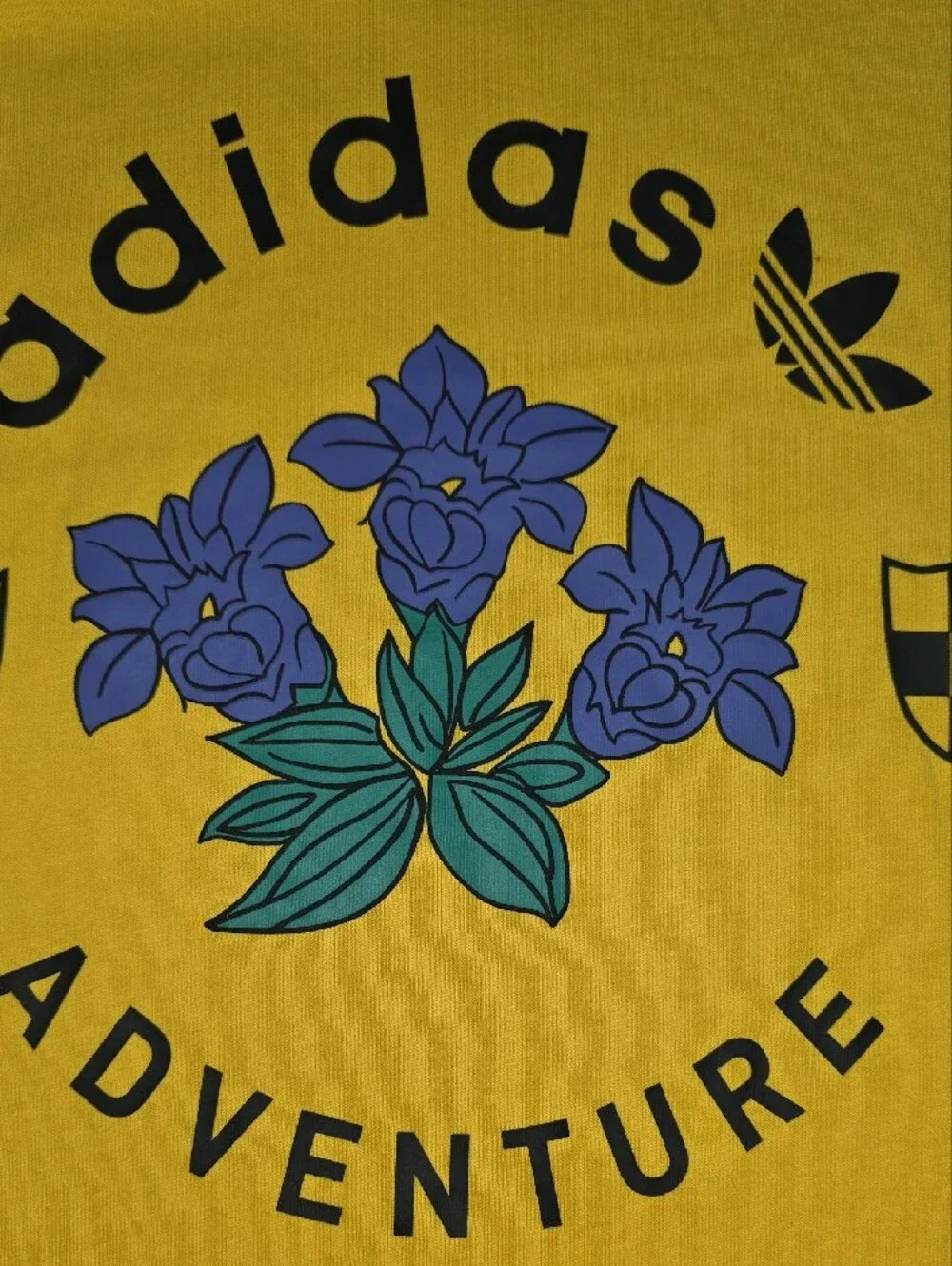 adidas Yellow Tee with Purple Floral and Green Leaf Graphic